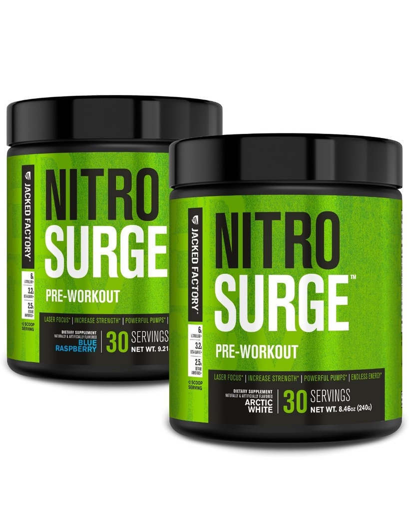 Jacked Factory NITROSURGE συμπλήρωμα προ προπόνησης για την ενέργεια, στιγμιαία κέρδη δύναμη, σαφή εστίαση, & Έντονες αντλίες (Blue Raspberry, 30 εξυπηρετούν & Αρκτική Λευκό, 30 εξυπηρετούν)