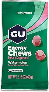 GU Energy Chews, Watermelon Energy Gummies με ηλεκτρολύτες, Vegan, χωρίς γλουτένη, Kosher, Caffeine-free, και Dairy-free On-The-Go Energy για κάθε προπόνηση, 12 Τσάντες (24 Services Σύνολο)