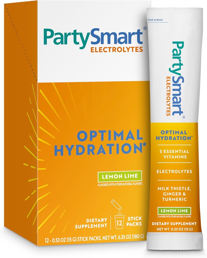 Himalaya PartySmart Lemon Lime Electrolytes Powder Packets, 12 Count, Support Hydration, Rehydrate with Sodium & Pastium, Vitamin C & more, Antioxidant Recovery Recovery Milk Thistle, Ginger & Turmeric