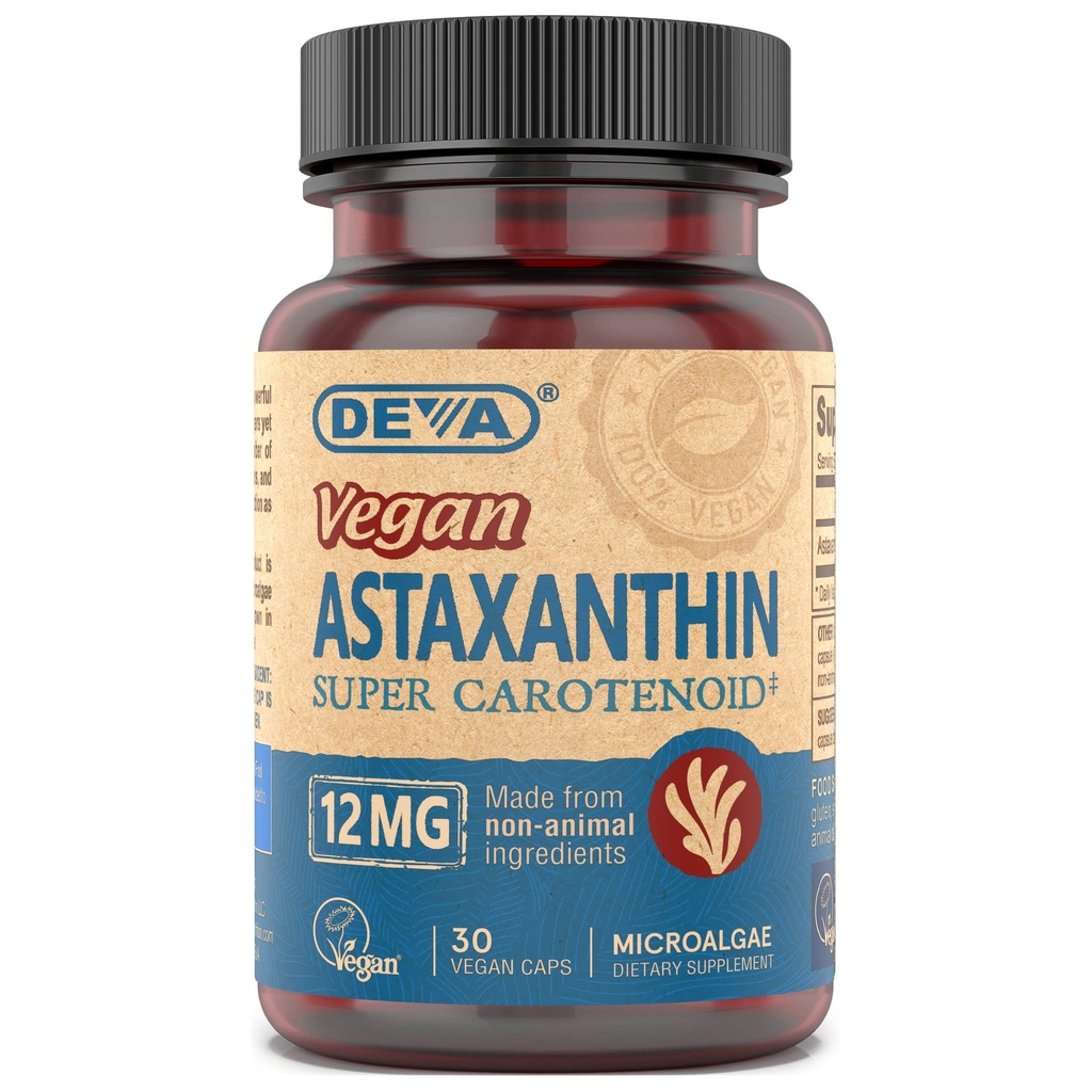 DEVA Διατροφή Βιταμίνες Ασταξανθίνη 12mg, Vegan, Φτιαγμένο από Haematococcus Pluvialis Microalgae, 30 Κάψουλες, 1-Pack