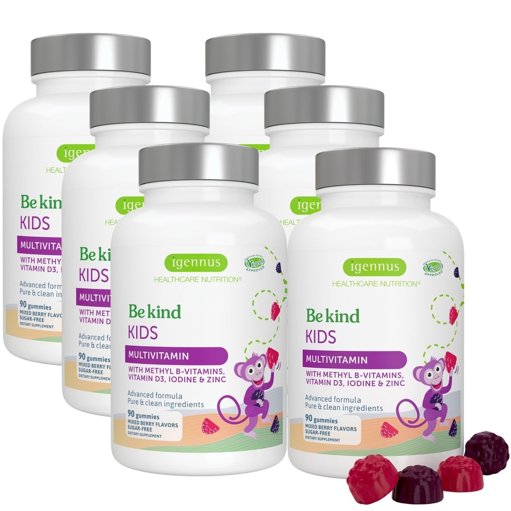 Igennus methylated Kids Multivitamin Gummy, MTHFR, No Artificial Sweeteners or Flavors, Sugar Free, Ηλικία 4+, 90 Natural Berry Flavor Gummies from Fruit Powder, Non-GMO, Halal, Clean Label x6