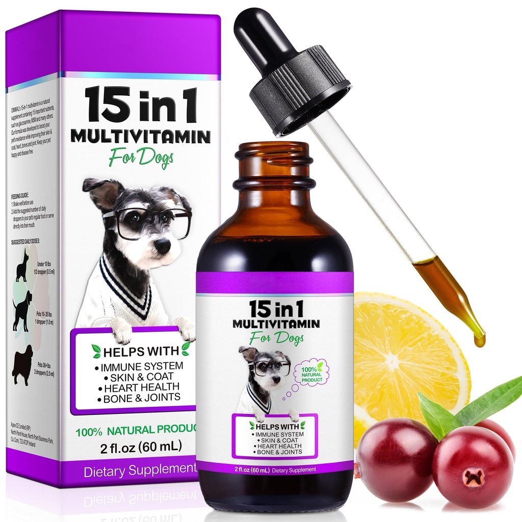 Dog Multivitamin,15 in 1 Dog Multivitamin Liquid Drops Συμπληρώματα, Dog Vitamins for Heart Health, Bones, Joint, Skin & Coat, Bladder, ανοσοποιητικό σύστημα Υποστήριξη 60ml