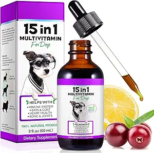 Dog Multivitamin,15 in 1 Dog Multivitamin Liquid Drops Supplements, Dog Vitamins for Heart Health, Bones, Joint, Skin & Coat, Bladder, Immune System Support 60ml
