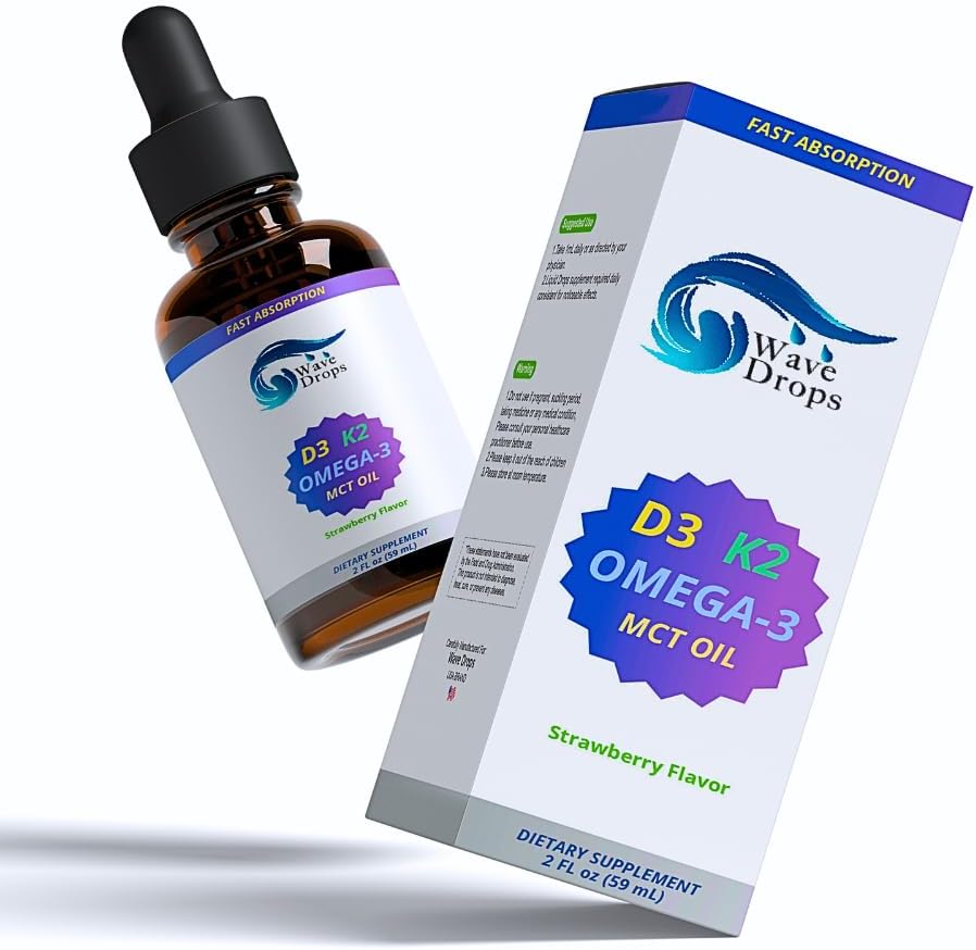 Μέγιστη περιεκτικότητα βιταμίνης D3 & K2 + MCT Oil & Omega 3: Υγρές σταγόνες για το ανοσοποιητικό σύστημα, λειτουργία εγκεφάλου & ενέργεια (χωρίς πληρωτικά, μη GMO, 2 Fl Oz)