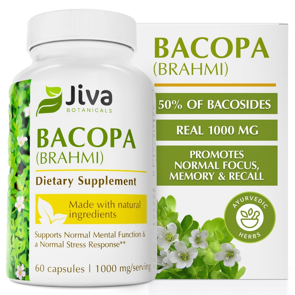Jiva Botanicals Bacopa Monnieri συμπλήρωμα καθαρότητας 1000mg ανά υπηρεσία - υψηλή ισχύς Bacopa Monnieri (Brahmi) & εκχύλισμα για το φυσιολογικό εγκέφαλο, εστίαση, & υποστήριξη μνήμης - Ayurvedic βότανα - 60 κάψουλες