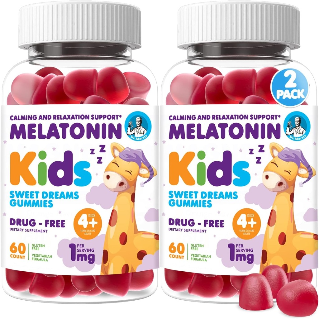 DR. MORITZ Melatonin for Kids, Vegan Sleep Aid Supplements with Low Sugar, Adult and Kids Melatonin Gummies with Strawberry Flavor, for Ages 4+, 60 Count
