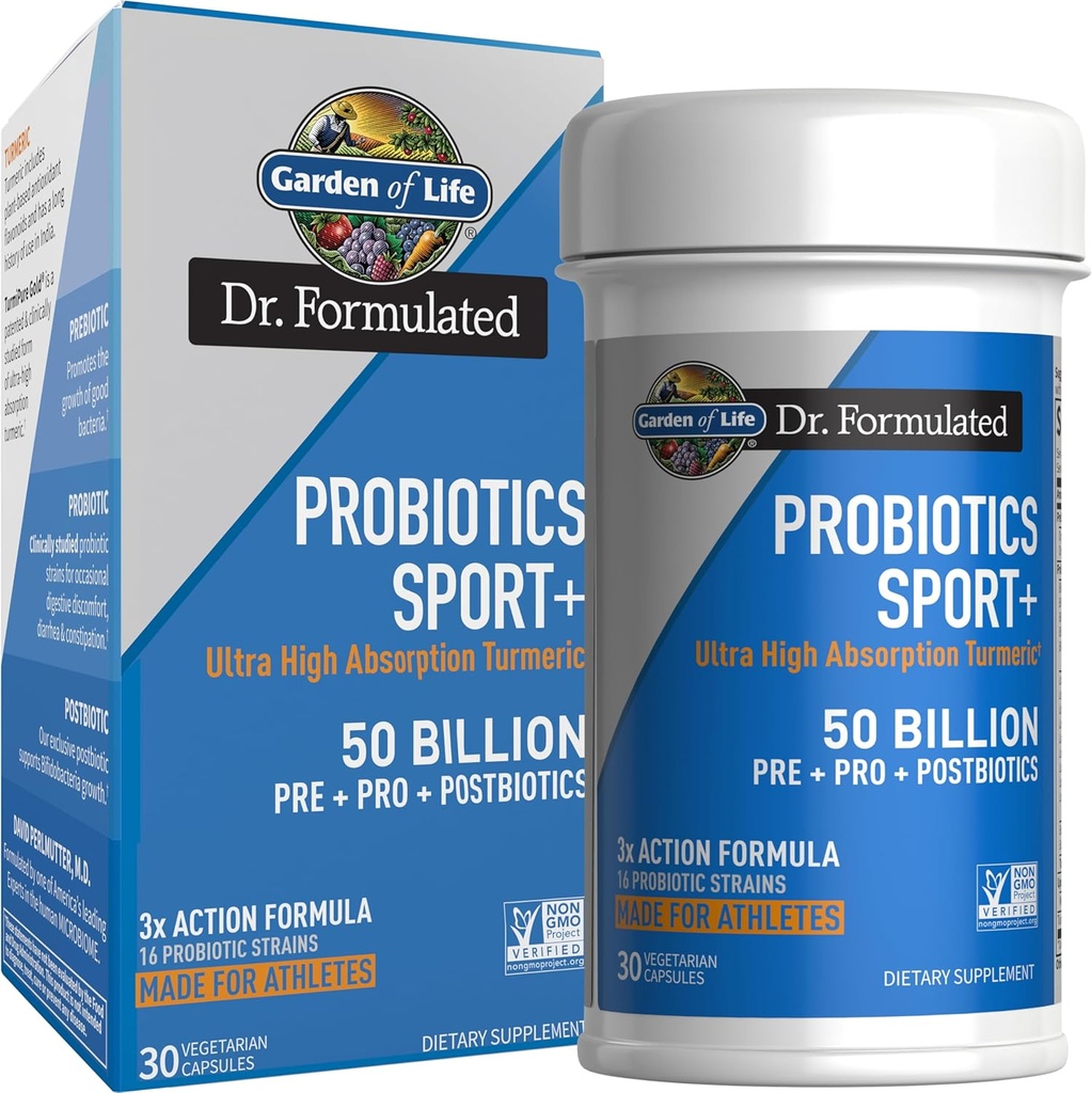 Κήπος Ζωής Dr Formulated Sport Probiotics Digestive Supplement, Organic Prebiotics for Women & Men Athletes, Clinically Studied Turmeric Curcumin, 50 Billion CFU, Gut Health, Acidophilus, 30ct