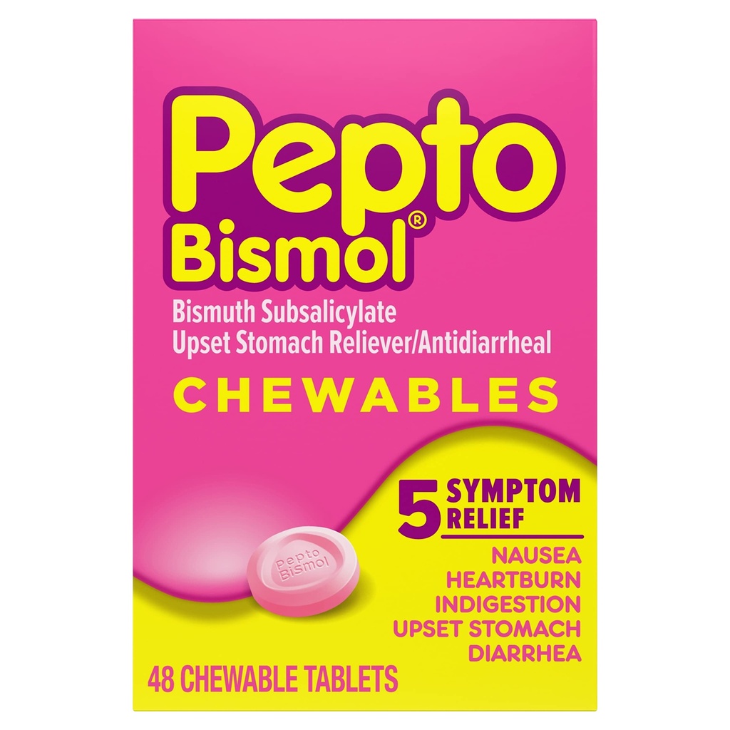 Pepto Bismol Μασώμενα δισκία για Ναυτία, Έγκαυμα καρδιάς, Δυσπεψία, Αναταραχή στομάχου και Διάρροια - 5 Symptom Fast Relief, Original Flavor, 48 ct