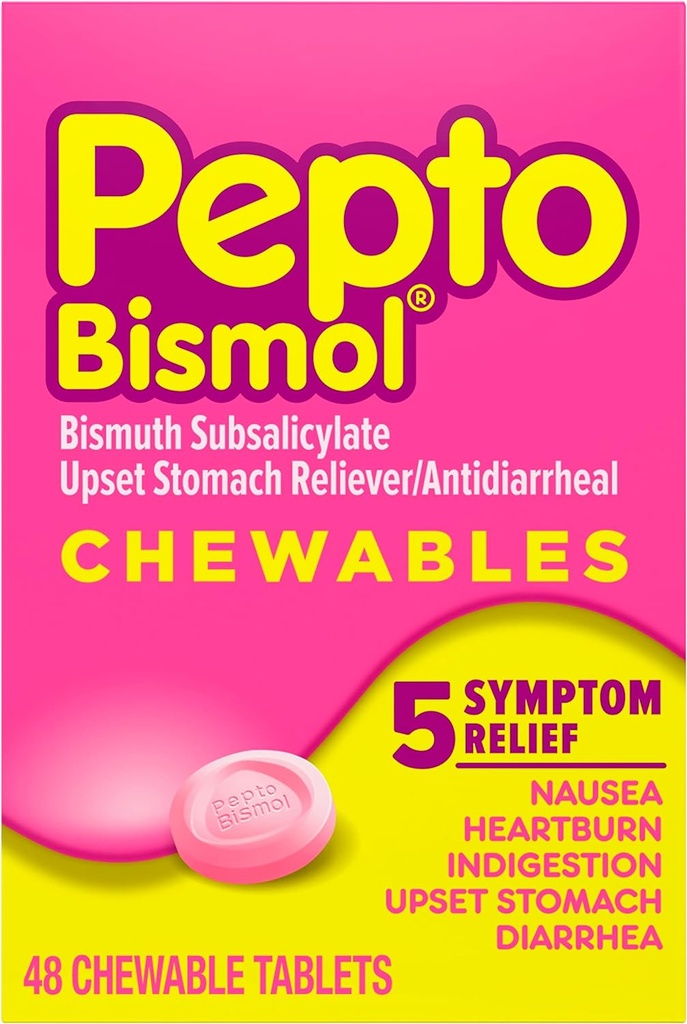Pepto Bismol Chewable Tablets for Nausea, Heartburn, Indigestion, Upset Stomach, and Diarrhea - 5 Symptom Fast Relief, Original Flavor, 48 ct