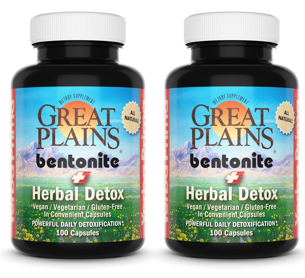 Yerba Prima Great Plains Bentonite Clay Caps Plus Herbal Detox (πακέτο του 2) - Βαθμός τροφίμων - Κάψουλες συμπλήρωμα καθαρισμού ήπατος & παχέος εντέρου