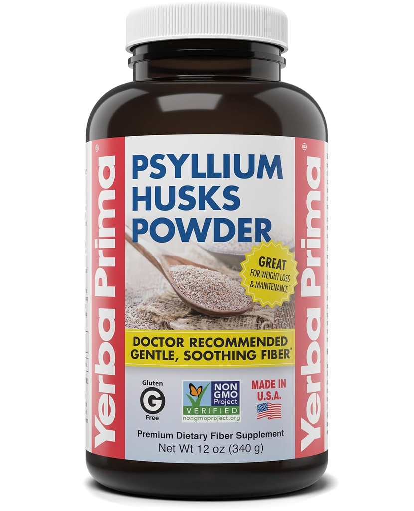 Yerba Prima Psyllium Husks Fiber Powder, 12 ουγγιά - Φυσικό συμπλήρωμα ινών - Καθαρισμός του παχέος εντέρου - Υγεία των ούλων - Vegan, μη ΓΤΟ, Χωρίς γλουτένη