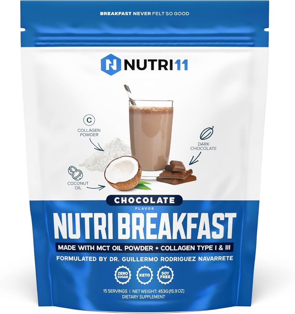 NutriBreakfast by Nutrillermo/Keto Protein Collagen Powder with MCT Oil/MCT Oil Powder/Keto Collagen Peptides with Grass-Fed Bovine Collagen Type I & III (15.9, Chocolate)