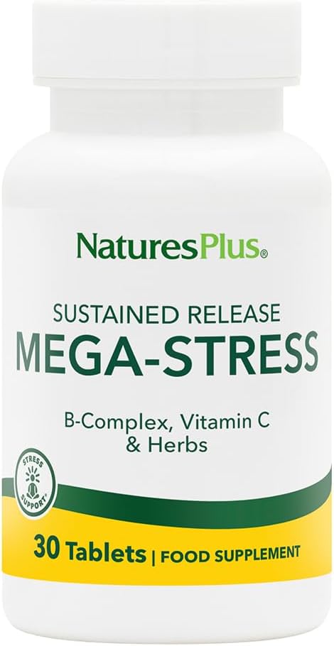 Natures Plus Mega Complex, Content Release - 30 χορτοφαγικά δισκία - B Complex, Συμπλήρωμα βιταμίνης C, Χαμομήλι & Βότανα - Χωρίς γλουτένη - 30 Σερβιέτες