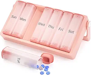 Weekly Pill Organizer 2 Times a Day, KOVIUU Large Travel Pill Box 7 Day, Am Pm Twice Daily Pill Case with Rotatable Handle, Pill Holder Container for Vitamin, Medicine, Supplement, Fish Oil, Pink