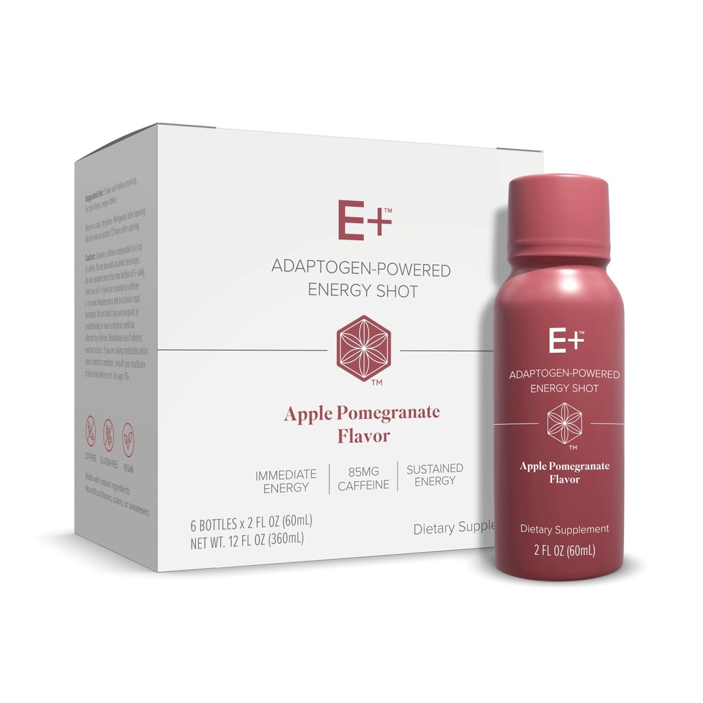 Isagenix E+ - Liquid Energy Shot with Plant-based Caffeine & Adaptogenic Botanical Blend - Υποστήριξη Αντοχή με Flavored Energy Shot - Apple Ρόδι - 2 Oz Μπουκάλια (6 Pack)