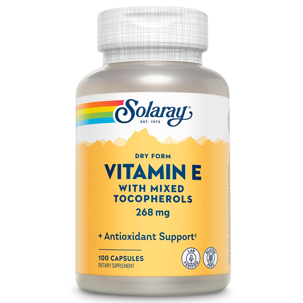 SOLARAY Vitamin E 400 IU (268mg), Ξηρή Μορφή - Φυσική Πηγή, Μικτές Τοκοφερόλες Βιταμίνη E - Συμπλήρωμα Αντιοξειδωτικών, PMS και Εμμηνόπαυση Υποστήριξη - 60-Ημέρα Εγγύηση, Εργαστήριο Επαληθευμένο - 100 Serv, 100 Κάψουλες