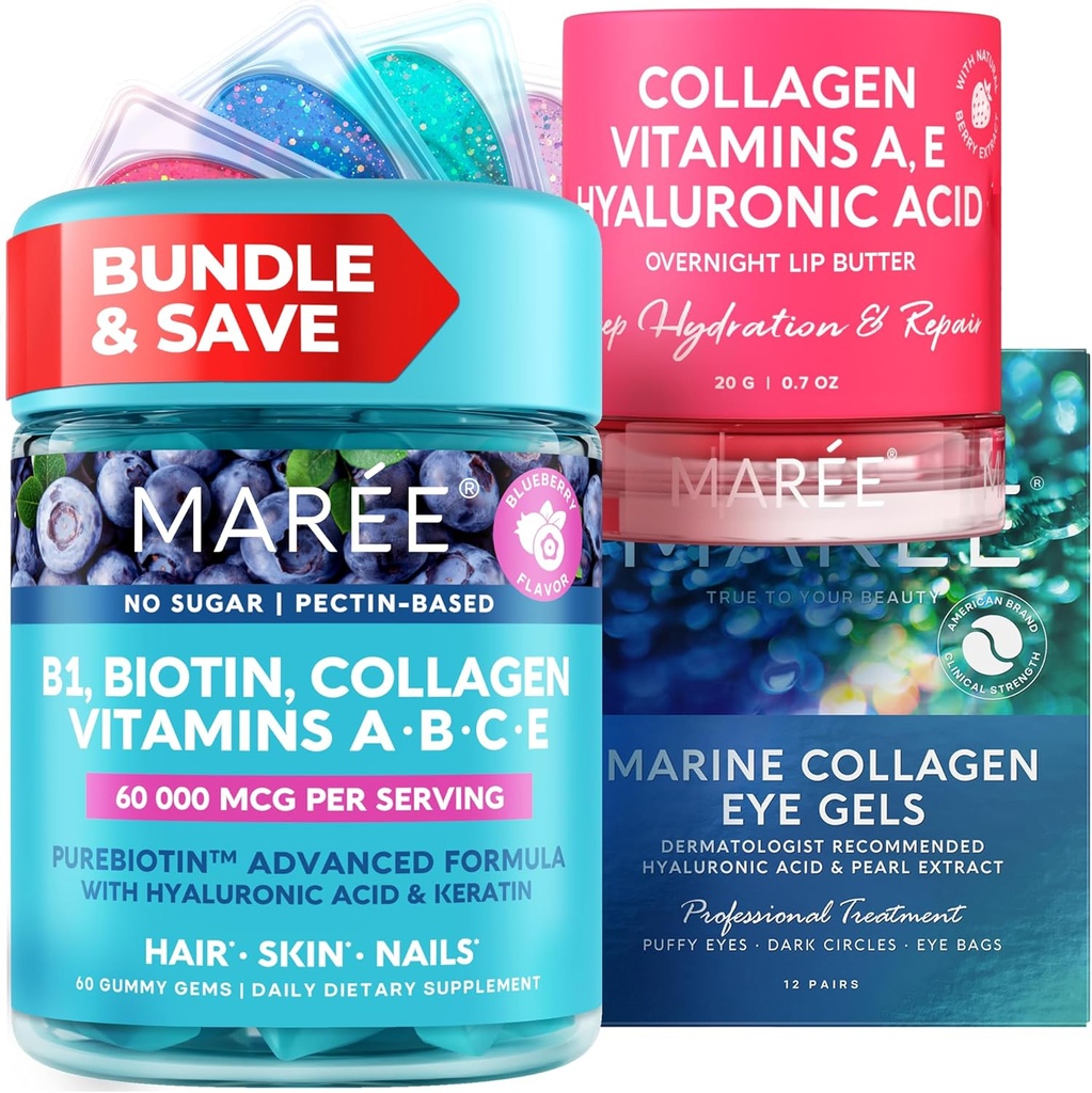 MAREE Bundle - Βιταμίνη Β1 Gummys Θιαμίνης, μάσκα χειλιών, κάτω από τα μάτια Gels - A, E, D, C Βιταμίνες - Collagen & Hyaluronic Acid - Complex for Skin, Nails, Hair - Mask for Dry Lips - Gels for Puffy Eyes