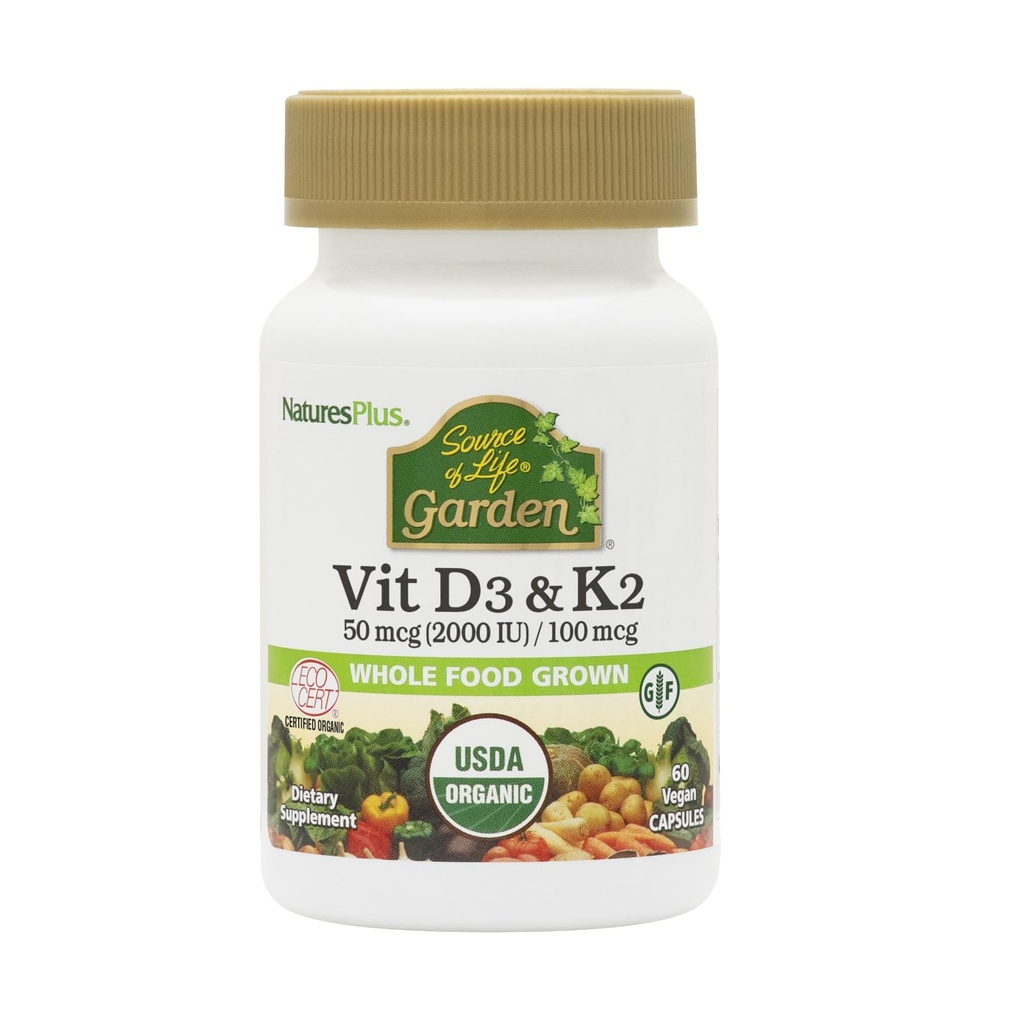 NaturesPlus Source of Life Garden Vitamin D3 & K2 - 60 Capsules - Immune System and Bone Support - USDA Certified Organic, Vegan, Gluten Free - 60 Servings