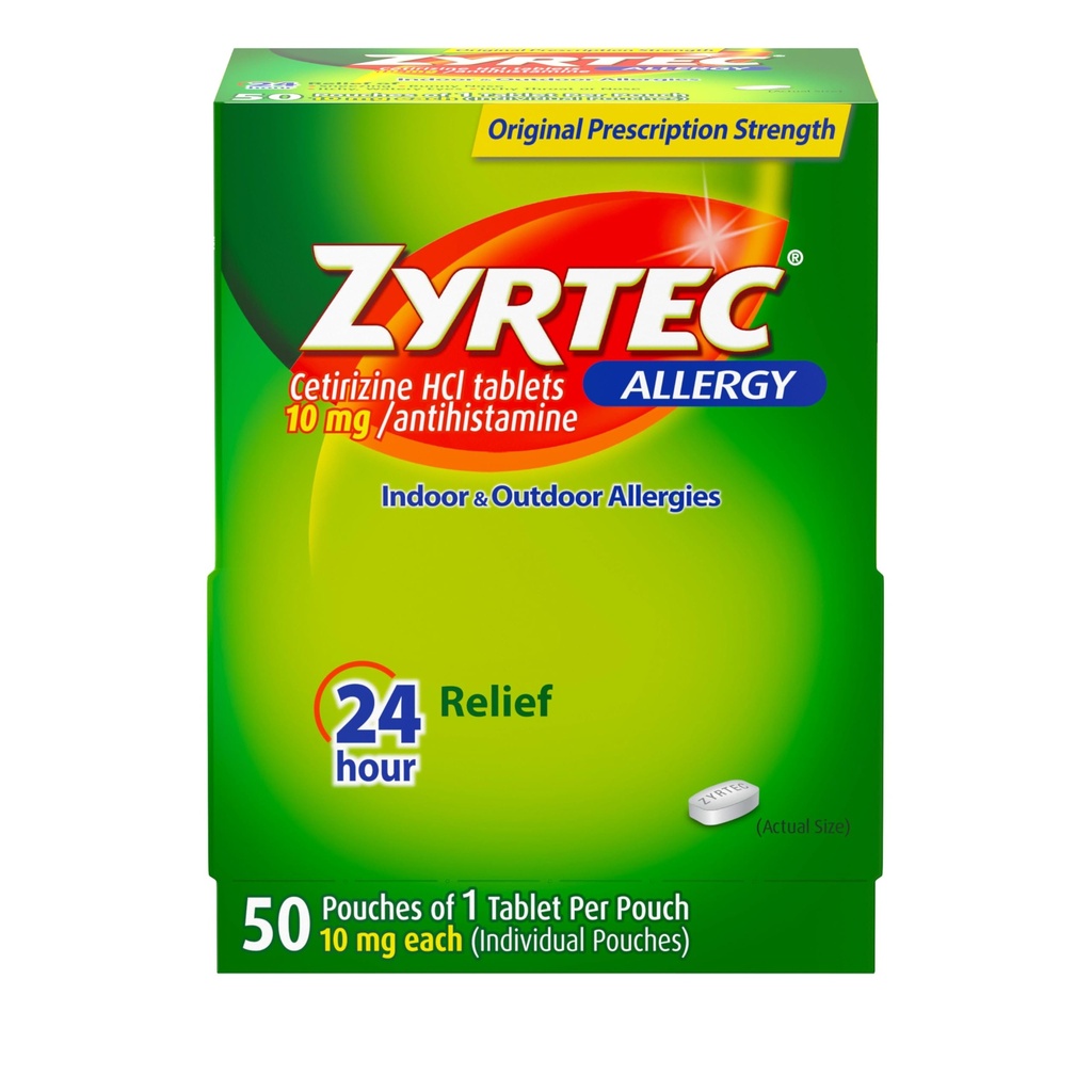 Zyrtec 24 Ωριαία δισκία ανακούφισης από την αλλεργία, μεμονωμένα τυλιγμένα σε εσωτερικούς και εξωτερικούς χώρους ιατρική με 10 mg Cetirizine HCl ανά αντιισταμινικό δισκίο, 1 δισκίο ανά συσκευασία, 50 ct συσκευασία διανομής