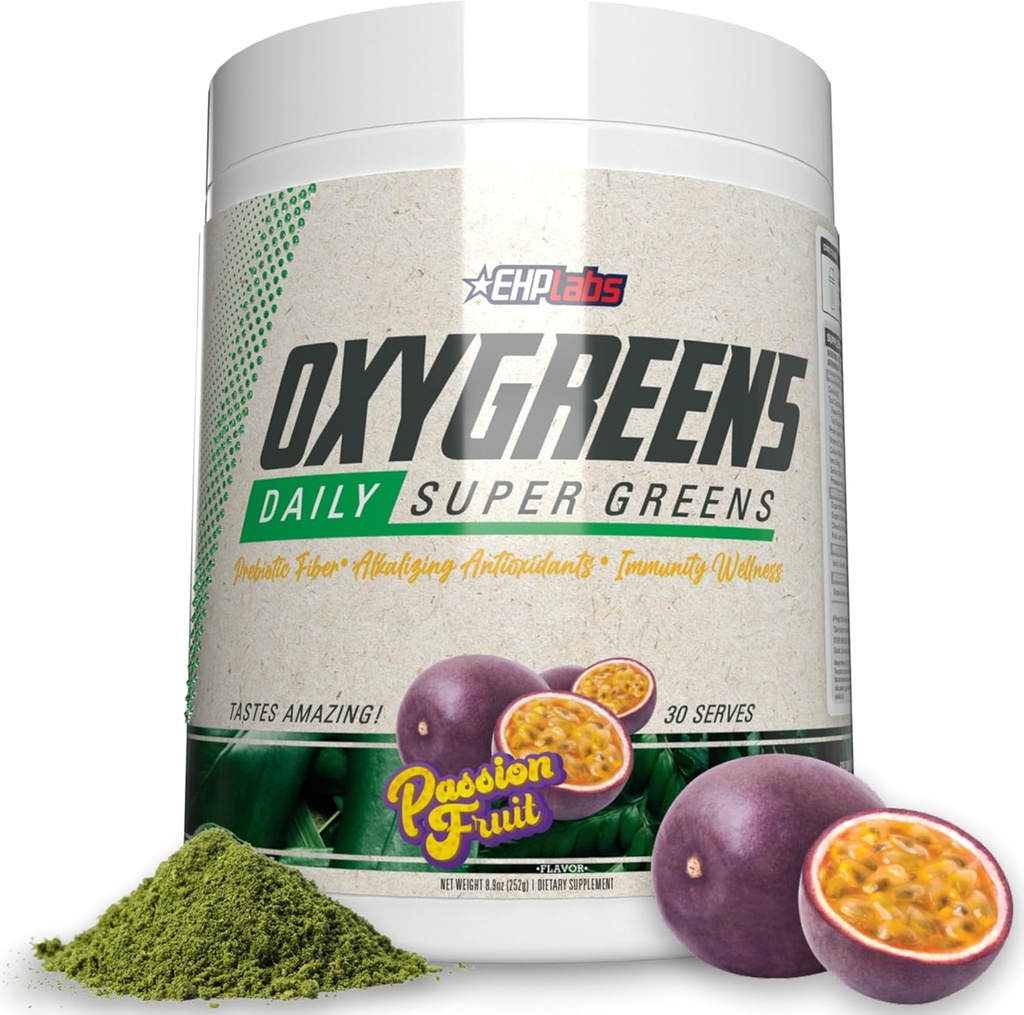 EHP Labs OxyGreens Super Greens Powder - Spirulina & Chlorella Superfood, Green Juice Powder & Greens Συμπληρώματα με Προβιοτικές Ίνες, Αντιοξειδωτικά & Υποστήριξη Ανοσίας, 30 Σερβίρετε (Passionfruit)