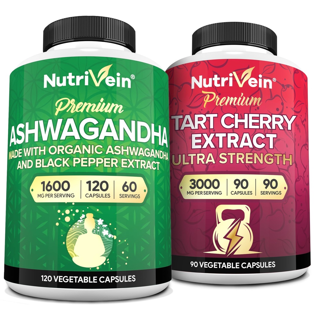 Nutrivein Premium κάψουλες Ashwagandha & ταρτάρ κάψουλες κεράσι Bundle: υψηλής απορρόφησης εκχύλισμα ταρτ κεράσι και Ashwagandha συμπληρώματα για την ανάκτηση, ισορροπία, και ζωτικότητα