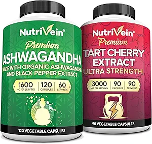 Nutrivein Premium κάψουλες Ashwagandha & ταρτάρ κάψουλες κεράσι Bundle: υψηλής απορρόφησης εκχύλισμα ταρτ κεράσι και Ashwagandha συμπληρώματα για την ανάκτηση, ισορροπία, και ζωτικότητα