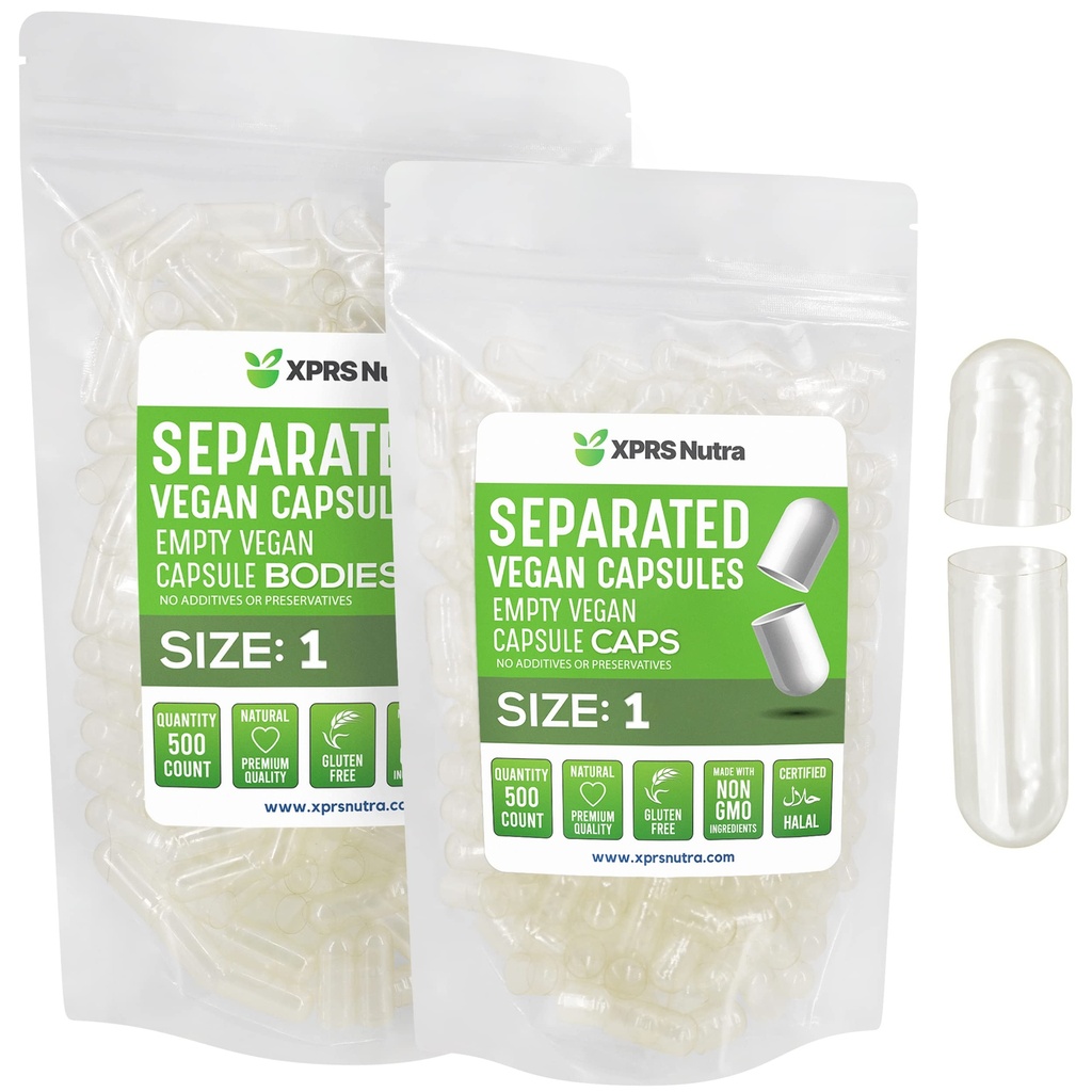 XPRS Nutra Vegan Size 1 Separated Capsules - 500 Count Premium Empty Capsules Separated in Bags - Clear Pills 1 Empty for DIY Supplement Filling
