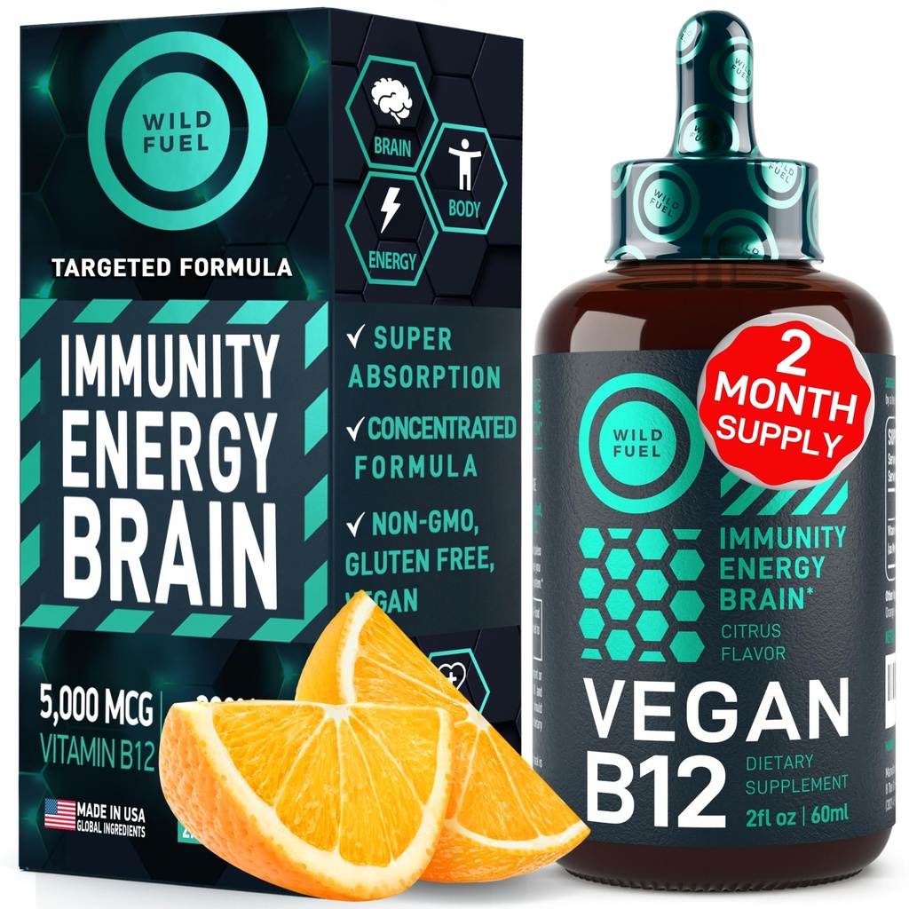 Vegan Vitamin B12 Υγρές σταγόνες - ταχείας δράσης B12 Υπογλώσσια 5000 mcg Μεθυλοκοβαλαμίνη συμπλήρωμα - Ενέργεια, μνήμη και υποστήριξη Mood - Υψηλής ισχύος ένα-dropper ανά ημέρα - Φυσικό άρωμα εσπεριδοειδών - 2 ουγγιές