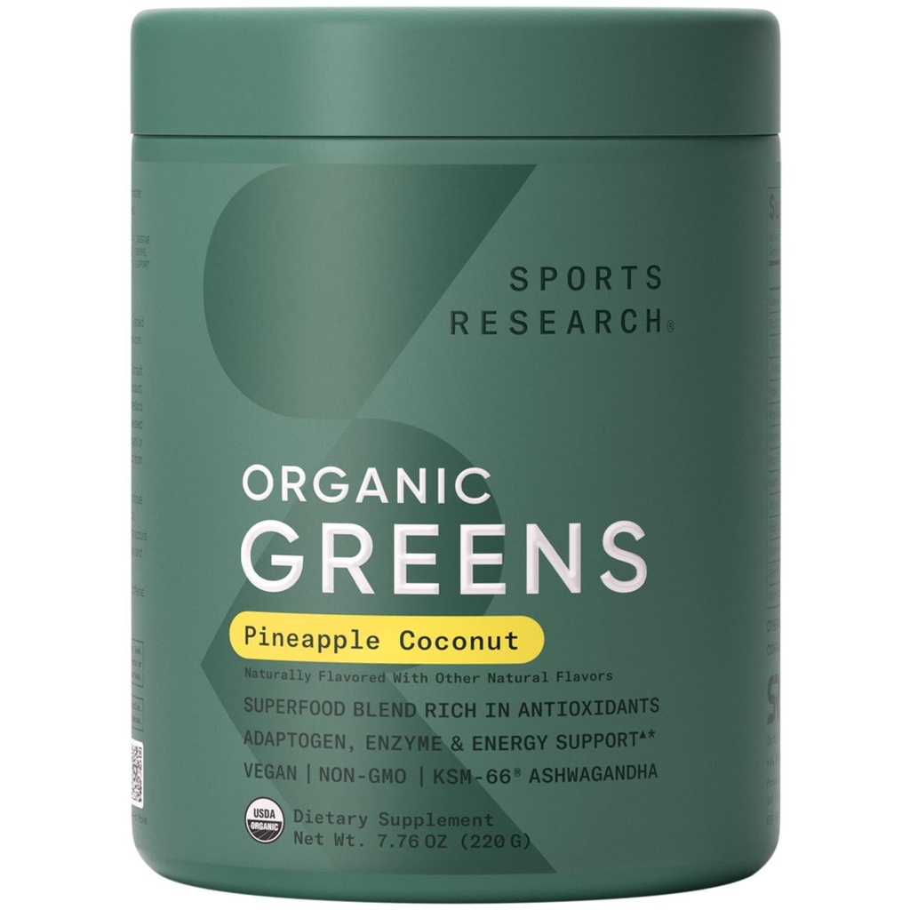Sports Research® Organic Pineapple Coconut Greens - Digestive Health, Natural Energy & Mood Support* - Certified Organic Powder - 20 Services