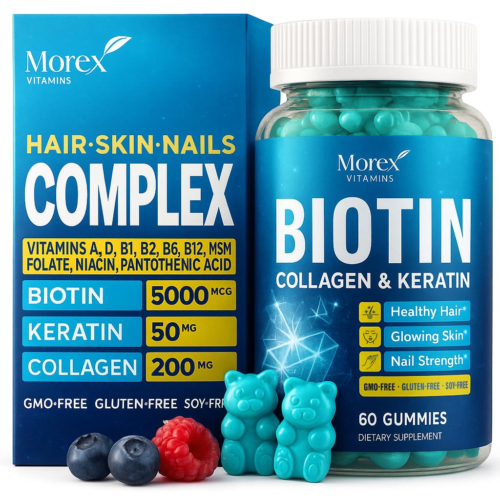 Biotin Collagen Keratin Gummies - Πολυβιταμίνη Φυσικό για τα μαλλιά, το δέρμα & τα νύχια με βιταμίνη Α, D, B7 - Αντιγήρανση Κολλαγόνο Gummy Βιταμίνες για άνδρες & γυναίκες, μαλλιά & ανάπτυξη νυχιών συμπλήρωμα - 60 Gummy Bears