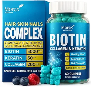 Biotin Collagen Keratin Gummies - Πολυβιταμίνη Φυσικό για τα μαλλιά, το δέρμα & τα νύχια με βιταμίνη Α, D, B7 - Αντιγήρανση Κολλαγόνο Gummy Βιταμίνες για άνδρες & γυναίκες, μαλλιά & ανάπτυξη νυχιών συμπλήρωμα - 60 Gummy Bears
