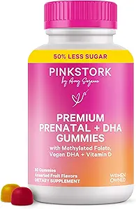 Pink Stork Premium Προγεννητικές Gummy Βιταμίνες με DHA, Folate, και βιταμίνη D - Πολυβιταμίνη και θρεπτικό μείγμα για Νευρωνικό σωλήνα και ανάπτυξη του εγκεφάλου του εμβρύου - Εγκυμοσύνη πρέπει να έχει - 60 Vegan Gummies