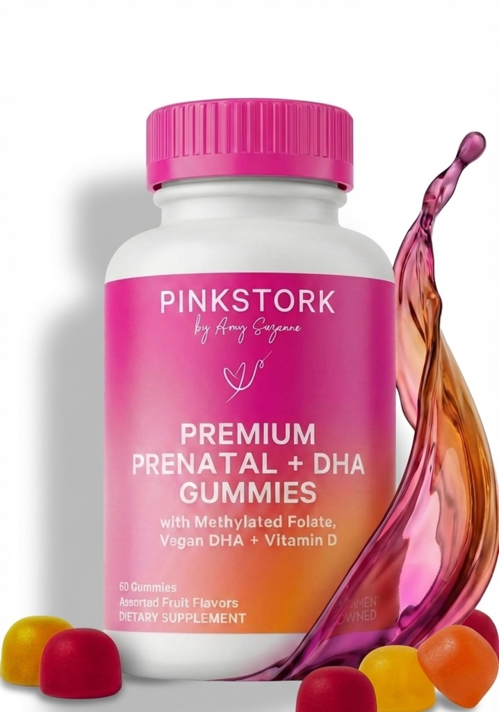 Pink Stork Premium Προγεννητικές Gummy Βιταμίνες με DHA, Folate, και βιταμίνη D - Πολυβιταμίνη και θρεπτικό μείγμα για Νευρωνικό σωλήνα και ανάπτυξη του εγκεφάλου του εμβρύου - Εγκυμοσύνη πρέπει να έχει - 60 Vegan Gummies