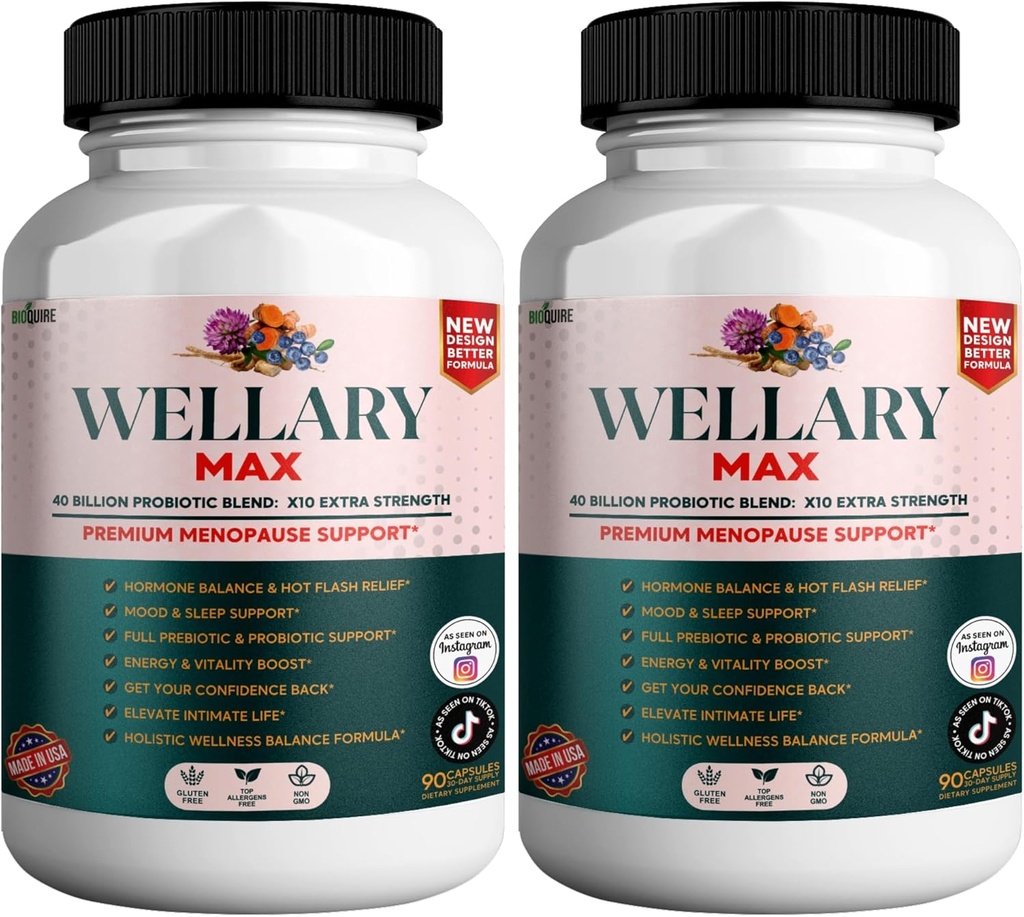 Wellary Max Εμμηνόπαυση συμπλήρωμα υποστήριξης, 40 δισεκατομμύρια CFU προβιοτικό μείγμα, 90 κάψουλες (2)