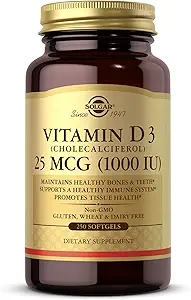 Solgar Vitamin D3 (Cholecalciferol) 25 MCG (1000 IU), 250 Softgels - Βοηθά στη διατήρηση των υγιών οστών & δοντιών - Υποστήριξη ανοσοποιητικού συστήματος - Μη ΓΤΟ, Χωρίς γλουτένη, Χωρίς γαλακτοκομικά - 250 Σερβιέτες