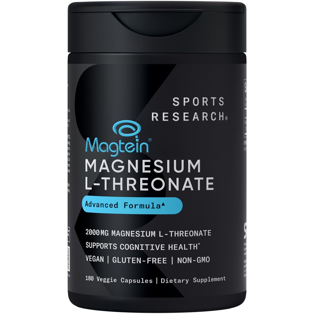 Sports Research Magtein Magtein Μαγνήσιο L-Θρεονικές κάψουλες - Συμπλήρωμα Μαγνησίου για τη μνήμη, Εστίαση & Γνωστικότητα - Μαγνήσιο L Θρεονικό υποστηρίζει την υγεία του εγκεφάλου, τον ύπνο & τη διάθεση- 2000mg, 180 κάψουλες για ενήλικες