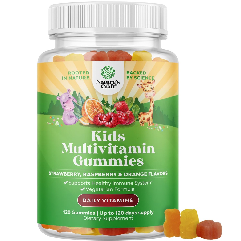 Natures Craft Plant Based Kids Multivitamin Gummies - Multivitamin for Kids Immunity Support Gummies with Vitamins A C D3 E B and Zinc Gelatin and Gluten Free Non-GMO Vitamins Gummy Formula 120ct