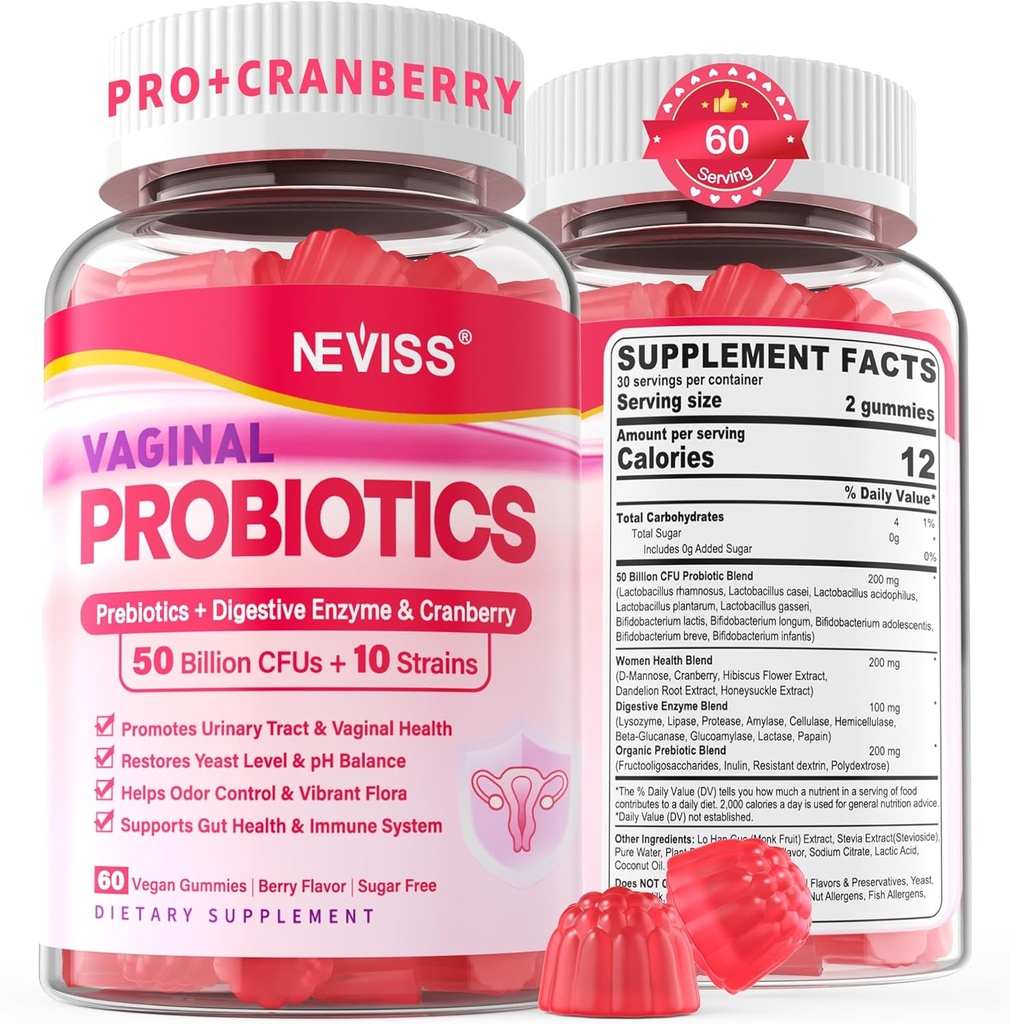 Κολπικά προβιοτικά Gummies για τις γυναίκες PH ισορροπία, Odor έλεγχο με τα πρεβιοτικά, Cranberry, D-Mannose, προωθεί τη θηλυκή υγιή κολπική χλωρίδα, ουρική τραχεία, μαγιά, Digestive υποστήριξη, ζάχαρη δωρεάν,120Cts