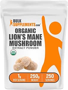 BulkSupplements.com Organic Lion's Mane Mushroom Extract Powder - Lions Mane Supplement Powder, Superfood for Well-Being - Vegan, 1g per Serving, 250g (8.8 oz) (Pack of 1)