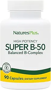 Natures Plus Super B50-90 Κάψουλες χορτοφαγικής - Υψηλής ισχύος συμπλήρωμα βιταμίνης Β - Εγκέφαλος & Ενέργειες Booster - Χωρίς γλουτένη - 90 Σερβιέτες