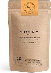 Movita Fermented Vitamin C 250mg – Ανοσία Booster, Αντιοξειδωτική Προστασία, Aids Σύνθεση Κολλαγόνου & Απορρόφηση Σιδήρου – Βιολογική, Vegan, Χωρίς Γλουτένη, Μη ΓΤΟ – 30-Ημέρα Προμήθεια (Eco-Friendly Pouch)