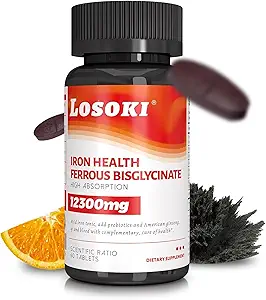 Losoki Iron Bisglycinate 20 mg with Vitamin C, B12 American Ginseng & Probiotics, Gentle on The Stomach， Supports Energy & Iron Deficiency - Non GMO, 60 Tablets
