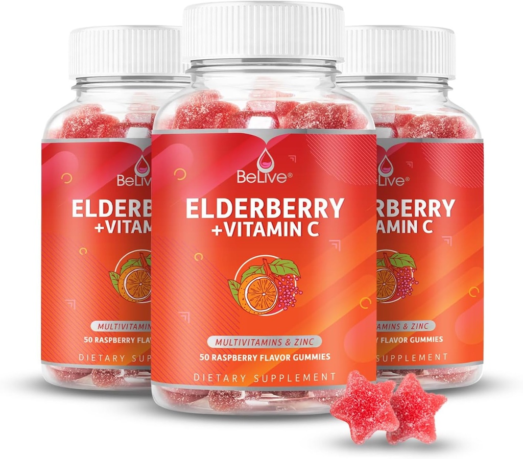 BeLive Elderberry Gummies with Zinc and Vitamin C - Immune Support Supplement with Vitamin D, A, E, B12 - Gummies for Healthy Bones & Teeth, Vegan, Keto & Non-GMO - Raspberry Flavor | 3-Pack