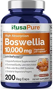 NusaPure Boswellia Serrata 10.000 mg ανά Veggie Caps 200 Count (Ext. 20:1, Non-GMO, Vegan, Bioperine) Ayurvedic Herb: Indian Olibanum, Frankincense