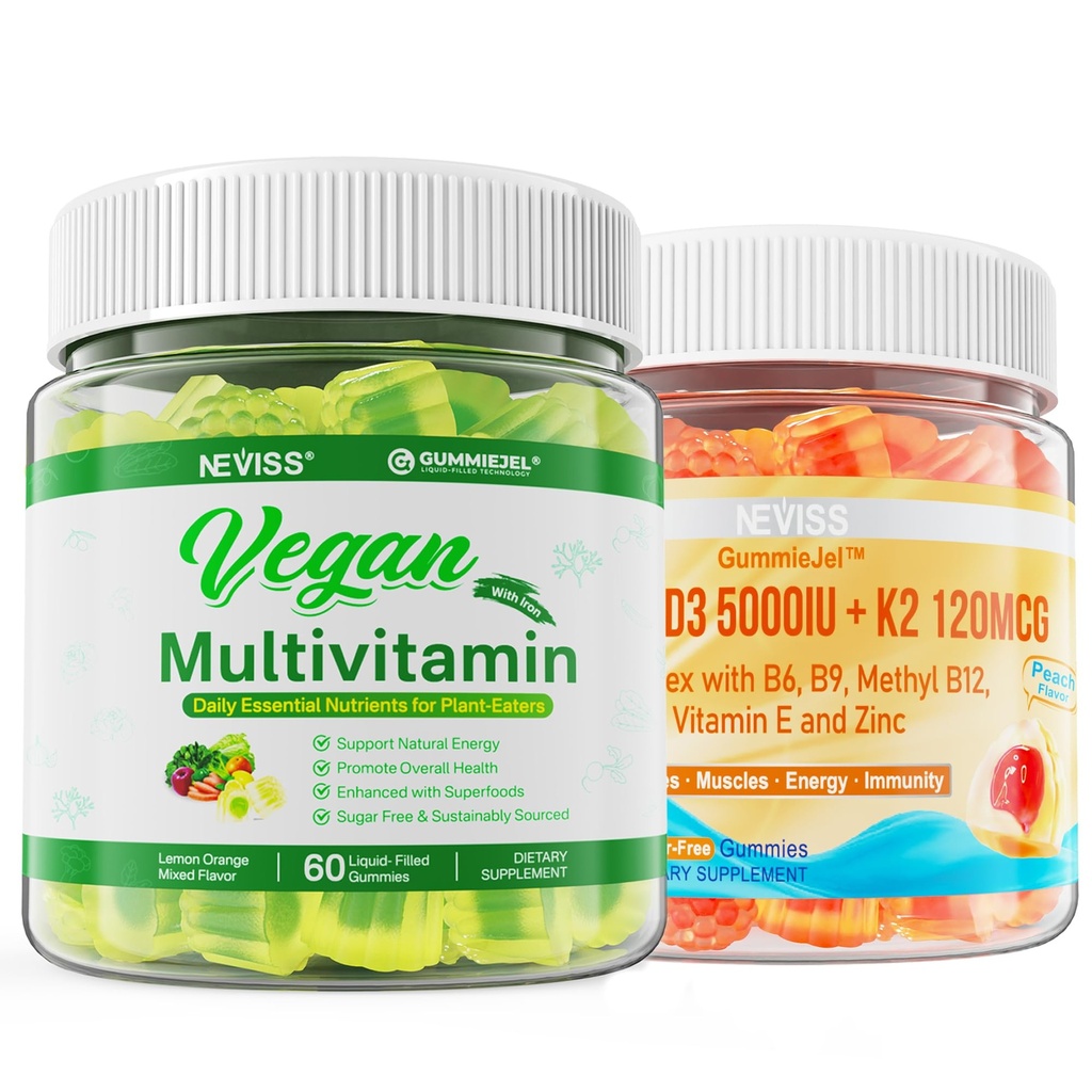 NEVISS Vitamin D3 5000IU + K2 (MK-7) 120mcg with Vegan Multivitamin for Women Men with Iron, Vitamin B12, A, D3, K2, Algae Omega 3, Magnesium, Zinc