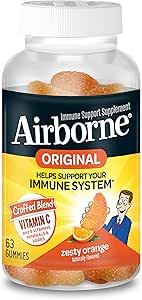Airborne Vitamin C 750mg (per Serving) Zesty Orange Flavored Gummies (63 Count in a Bottle), Gluten-Free Immune Support Supplement with Vitamins A C E, Selenium, Echinacea & Ginger