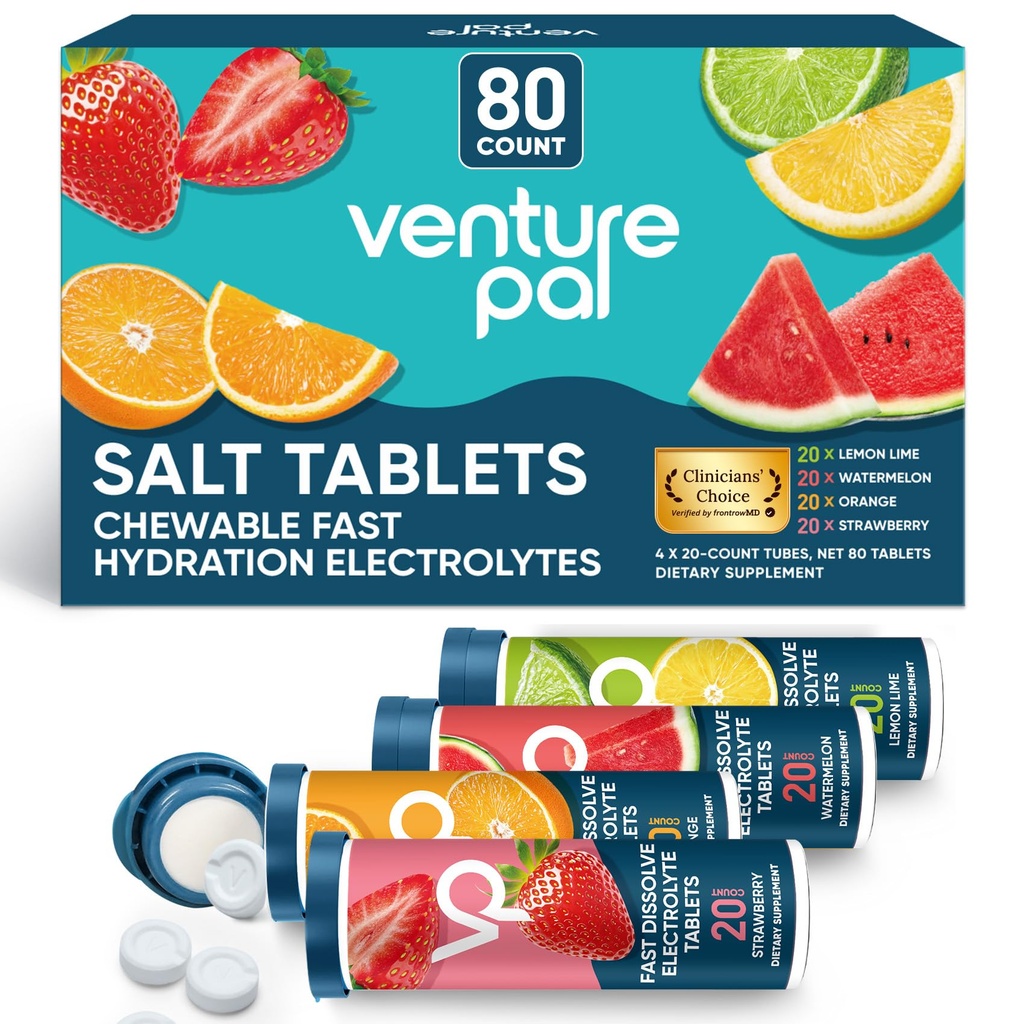 Venture Pal Chewable Electrolyte Tablets, 80 Count Fast-Dissolve Sugar-Free Stick Salt Tablets - Ποικιλία πακέτο για γρήγορη ενυδάτωση, Εξωτερική λειτουργία, Πεζοπορία, Αθλητισμός 