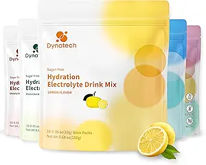 Dynatech Zero Sugar Electrolyte Drink Mix - Lemon - Hydration Powder Packets with 10 Electrolytes & Vitamins | Non-GMO, Gluten Free, Vegan Electrolytes Powder Packets | 16 Servings