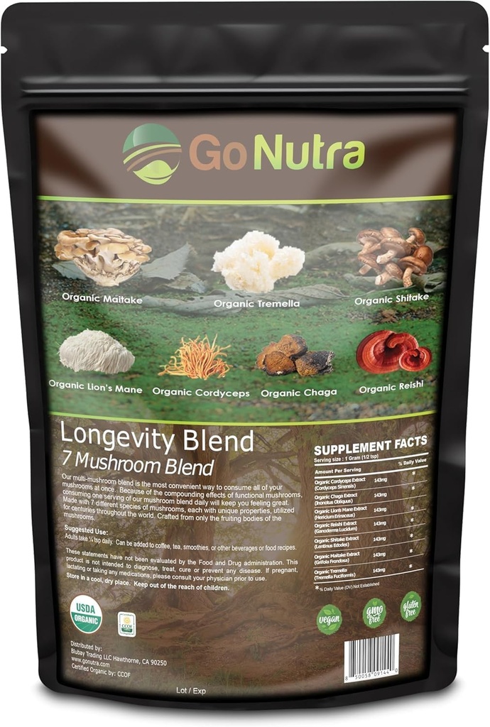 Go Nutra - Organic 7 Mushroom Supplement, Longevity Mushroom Powder with Lion’s Mane, Chaga, Shiitake, Maitake, Reishi, Tremella, and Cordyceps Mushroom, Non-GMO, Gluten-free, Vegan, 8 oz