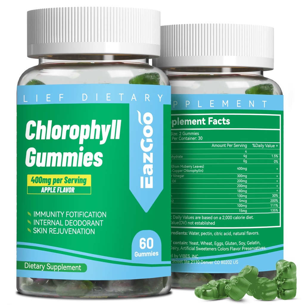 Ζάχαρη Χωρίς Chlorophyl Gummies, Βιταμίνη Β12 Ψευδάργυρος - Φυσικό αποσμητικό *, Υποστηρίζει υγιή δέρμα & Detox σώματος *, ανοσοποιητική υποστήριξη & πέψη, Chewable Chlorophyll συμπλήρωμα για τις γυναίκες - 60 Count
